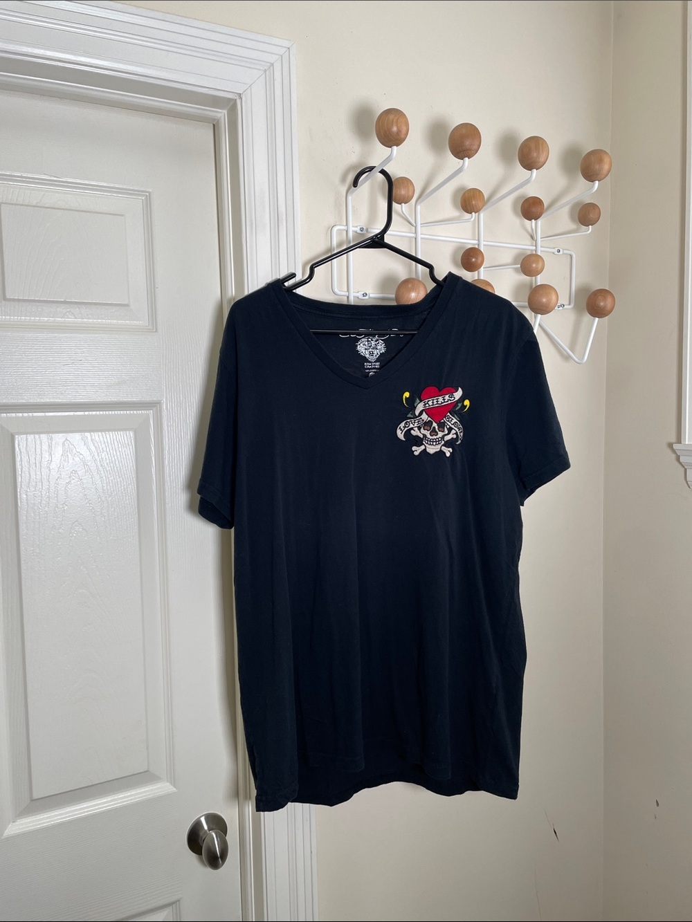 Ed Hardy Black V-Neck Tee with Heart & Skull Chest Graphic XXL